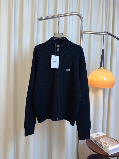 Celine New Selection: Wool Zip-up Cardigan with Embroidered Logo