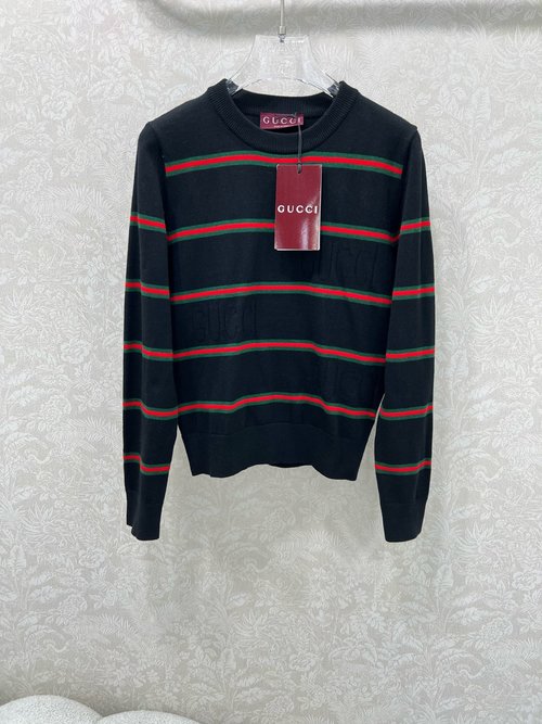 Gucci Color-Blocked Stripe Knit Pullover with Letter Jacquard