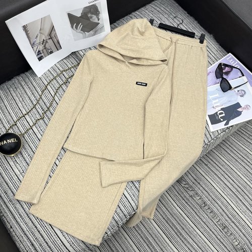 Miu Miu Recommended Hooded Knit Top and Wide-Leg Pants Set