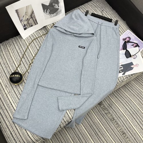 Miu Miu Recommended Early Autumn Hooded Knit Top with Wide-Leg Pants Set