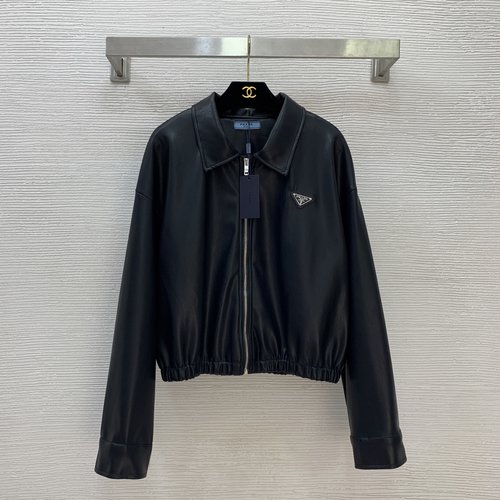 Prada Short Leather Jacket with Letter Logo Lining, Zipper and Triangle Badge, Black