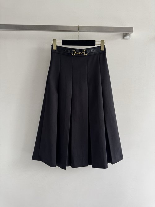 Celine High-Waisted Pleated A-Line Skirt with Logo Belt