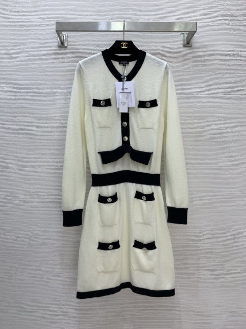 Chanel Fashionable Contrast-Stitched Knit Dress, Soft and Slimming