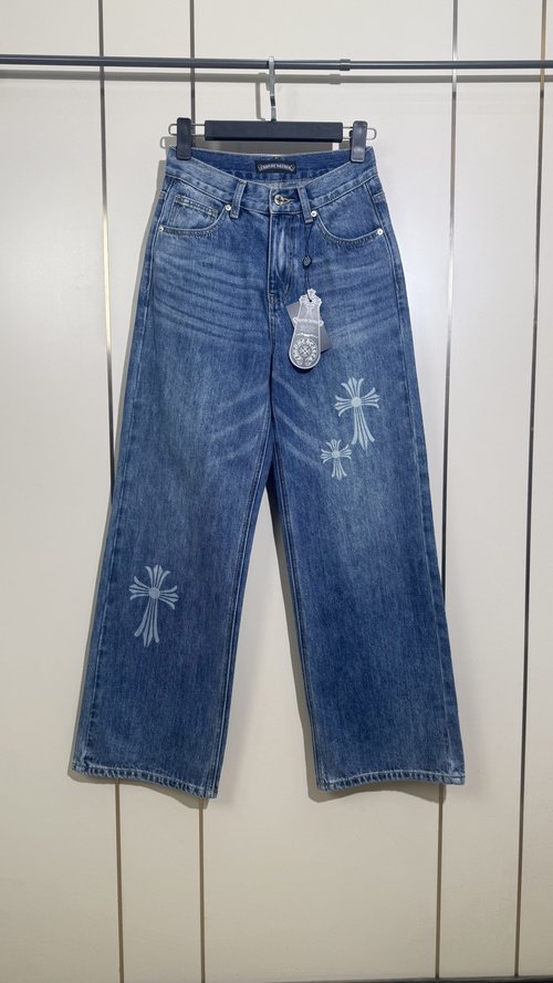 Chrome Hearts Cross and Burned Flower Embroidered Straight-Leg Jeans