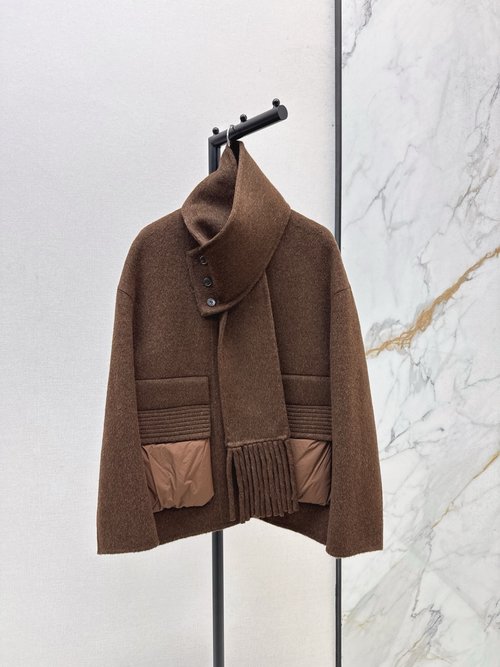 Max Mara Double - Sided Cashmere Spliced Down Jacket with Detachable Scarf, Luxurious Style
