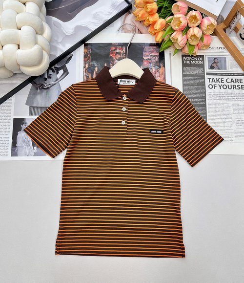 Miu Miu Exclusive High-End Cotton Striped Polo Neck Top
