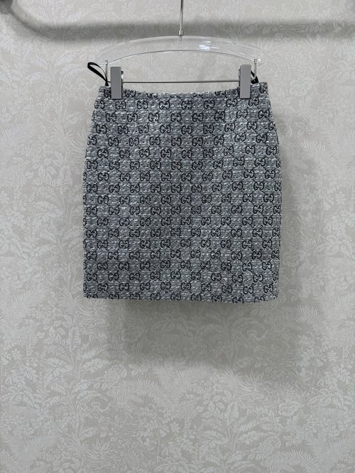 Gucci G-Embroidered Rhinestone Mini Skirt in Sophisticated Gray Tweed