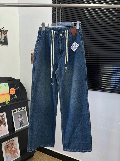 Loewe Drawstring Leather Label Straight-Leg Jeans with Custom Accessories