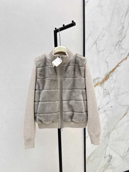 Loro Piana Knitted Spliced Down Jacket with Faux Fur, Lightweight and Fashionable