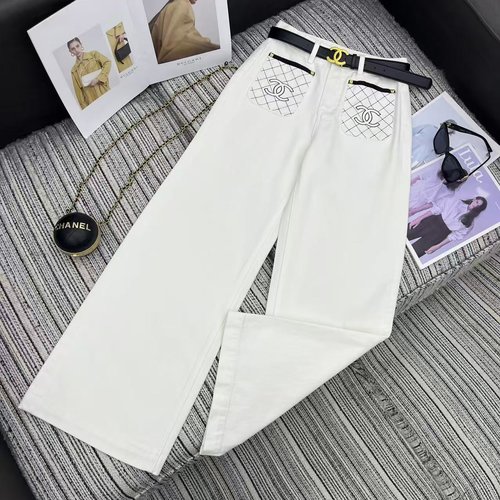 Chanel New Double C Checkered Embroidered Pocket Denim Straight - Leg Trousers with a Belt