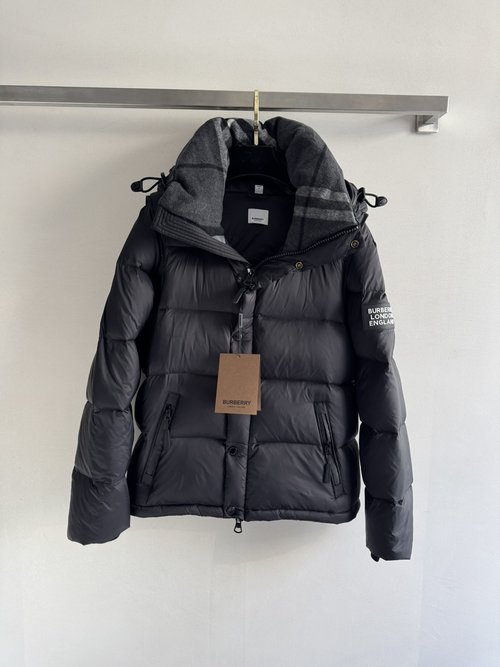 Burberry Detachable Sleeve Checkered Hooded Down Jacket with Brand Logo