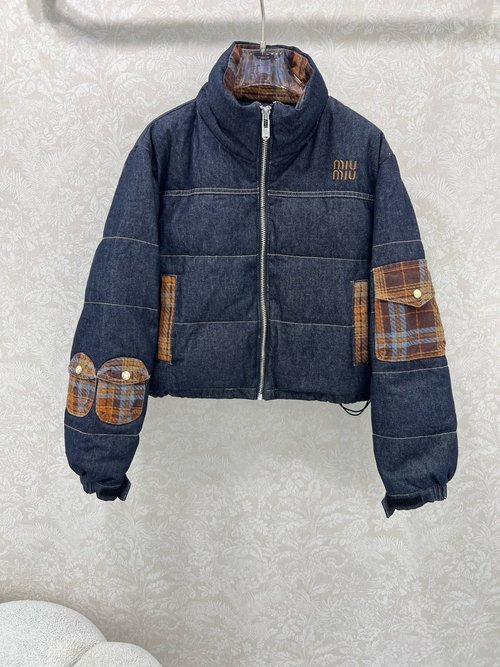 Miu Miu Denim and Plaid Checked Down Jacket with Sleeve Pocket