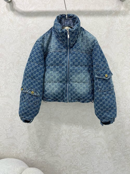 Gucci Down Jacket with Double G Jacquard Denim, Sleeve Pocket and 90% White Duck Down