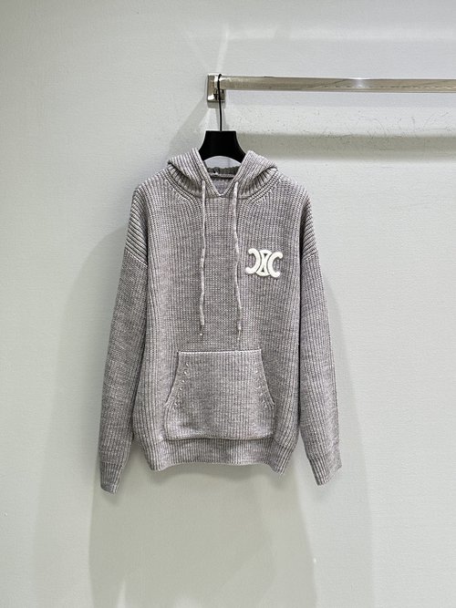 Celine Drawstring Heavy Knitted Hoodie with Unique Logo Embroidery