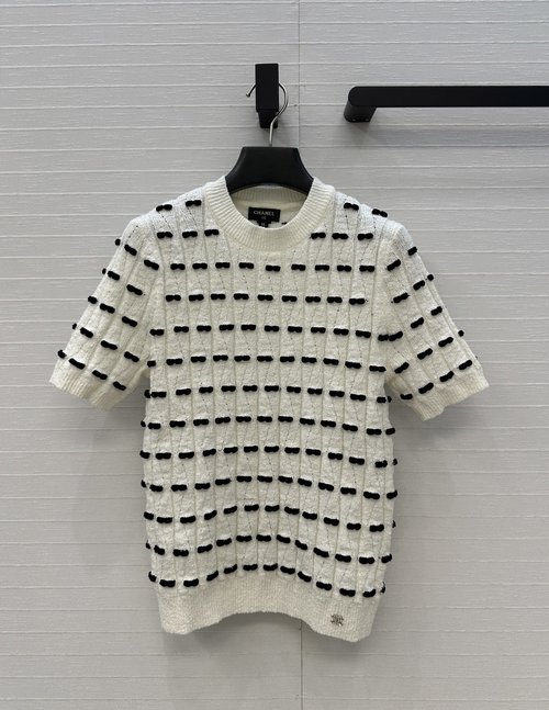 Chanel Exclusive High-End Black-White Bow Short-Sleeved Knitwear