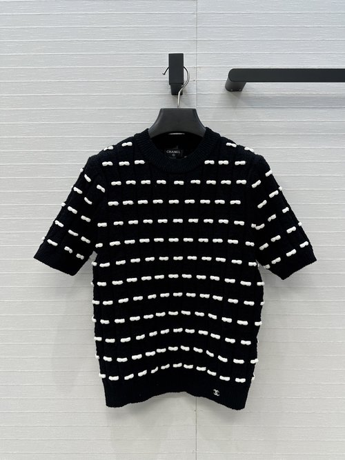 Chanel Exclusive High-End Black-White Bow Short-Sleeved Knitwear