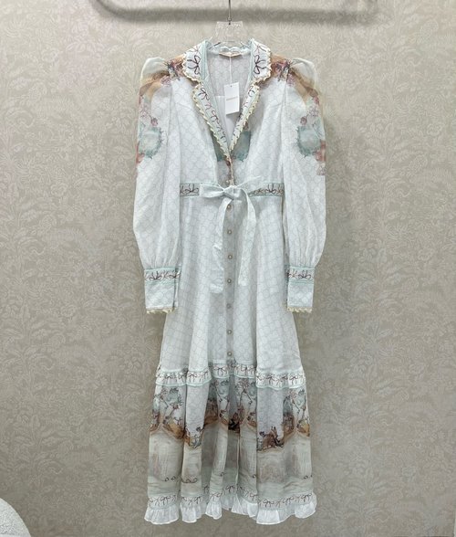 Loro Piana Button-Front Lantern Sleeve Long Dress with Floral Motif