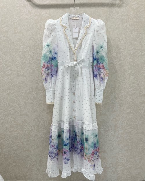 Loro Piana Button-Front Lantern Sleeve Long Dress with Floral Motif