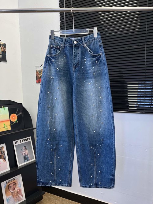 Louis Vuitton Fashionable Denim Flare Pants with Rhinestones and Pearls