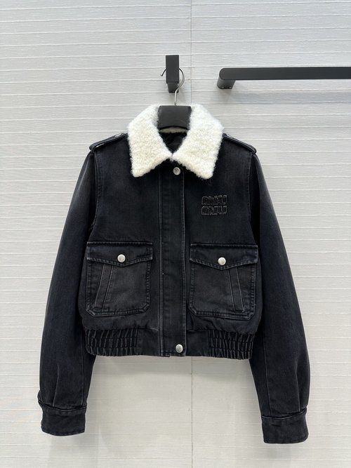 Miu Miu Miu-inspired Denim Jacket with Shearling Collar - Vintage Elegance