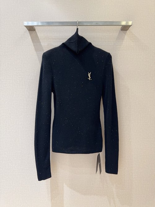Yves Saint Laurent High-Neck Sequin Knitwear with Logo for an Elegant Appearance