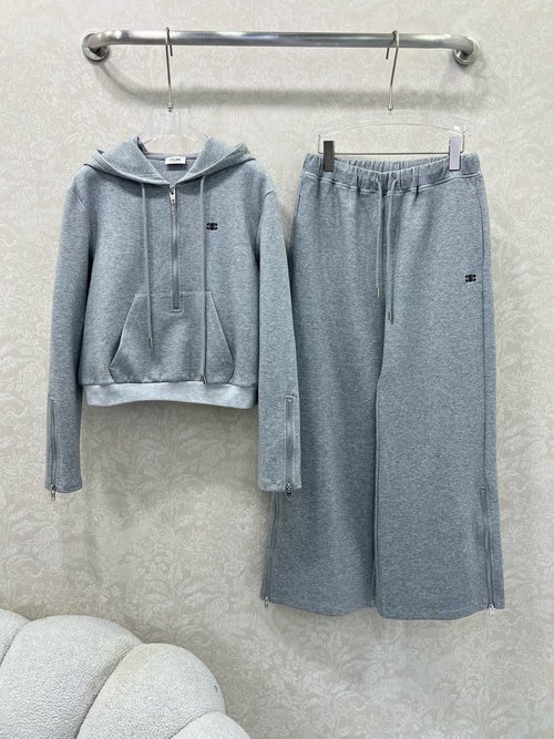 Celine Sporty Hooded Sweatshirt and Wide-Leg Pants Set