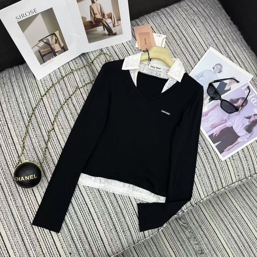 Miu Miu Chic Lace Trimmed Long Sleeve T-shirt