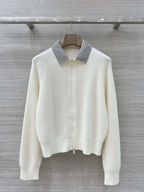 Brunello Cucinelli Classic Chain-Element Cashmere Cardigan with Copper Bead Collar