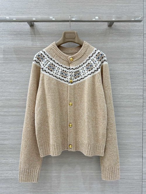 Celine Charming Fair Isle Wool Knit Cardigan with Logo in Soft Tones - Exclusive First Release