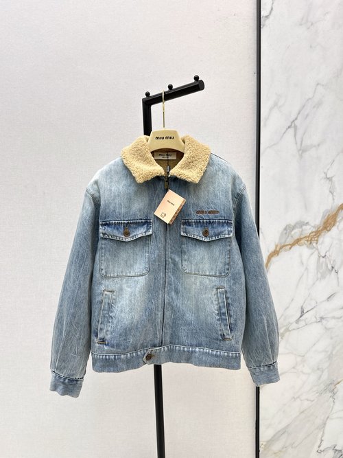 Miu Miu Vintage Denim Jacket with Lamb Lining, Classic Biker Style