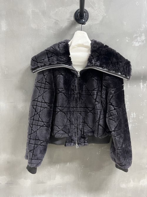 Chanel Fur-Trimmed Coat with Simple Design and Classic Cane Grid