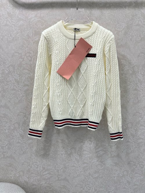Miu Miu Round Neck Knit Sweater with All-Over Cable Stitch and Red-White Trim