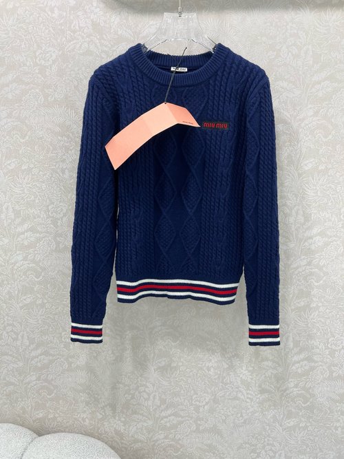 Miu Miu Round Neck Knit Sweater with All-Over Cable Stitch and Red-White Trim