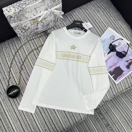 Dior Autumn Collection: Embroidered Letter Star Round - Neck Long - Sleeve T - Shirt