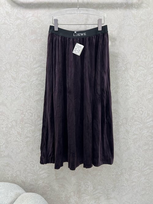 Loewe Long Pleated Skirt with Velvet Waistband and Classic Letter Elastic Band