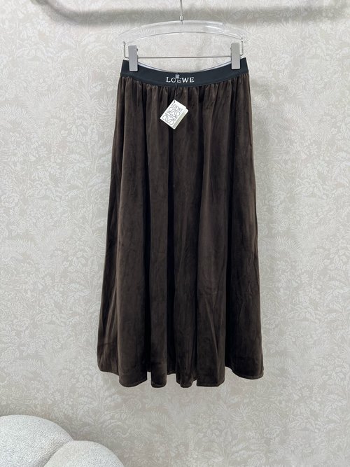 Loewe Long Pleated Skirt with Velvet Waistband and Classic Letter Elastic Band