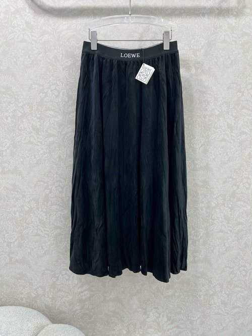 Loewe Long Pleated Skirt with Velvet Waistband and Classic Letter Elastic Band