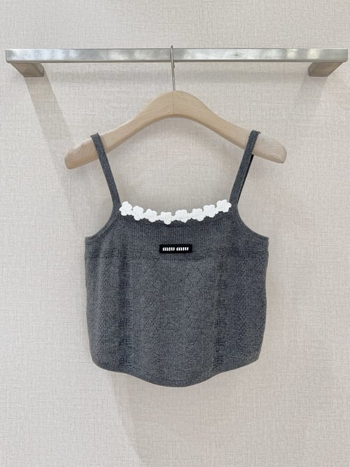 Miu Miu Knit Sling Vest with White Crochet Lace Collar