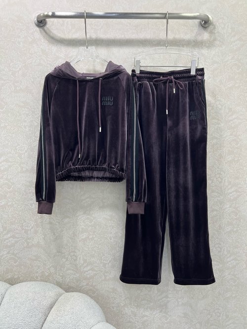 Miu Miu Velvet Tracksuit with Miu Letter Decoration and Webbing Trim