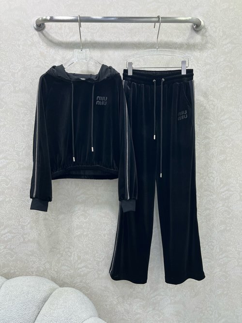 Miu Miu Velvet Tracksuit with Miu Letter Decoration and Webbing Trim