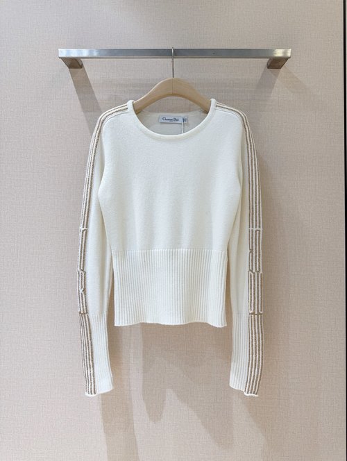 Dior Heart Round-Neck Sweater with Golden Striped Sleeves