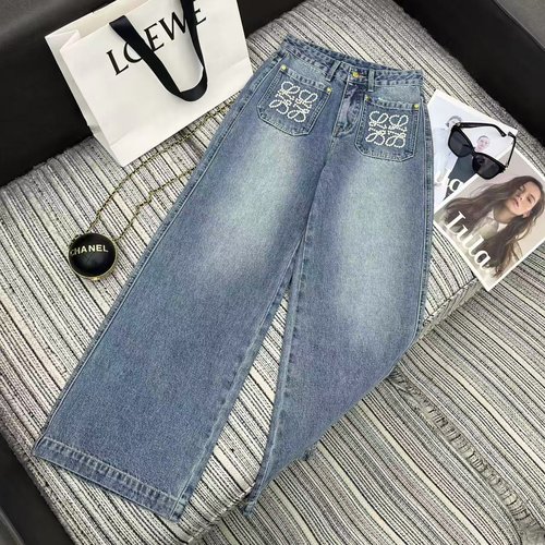 Loewe Heavy-Duty Beaded Logo Pocket Denim Straight-Leg Pants