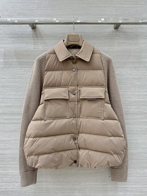 Brunello Cucinelli Premium Wool-Spliced Down Jacket with Dual Pockets for Sophisticated Appeal