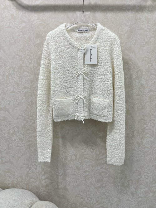 Acne Studios White Bow Sweater with Double Pockets, Soft and Versatile Design
