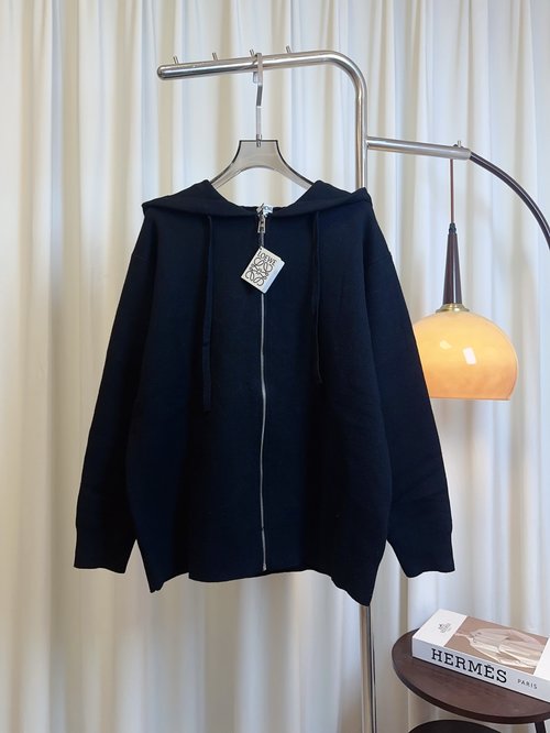 Loewe Zippered Wool Top with Embroidered Back Logo, Soft and Stylish