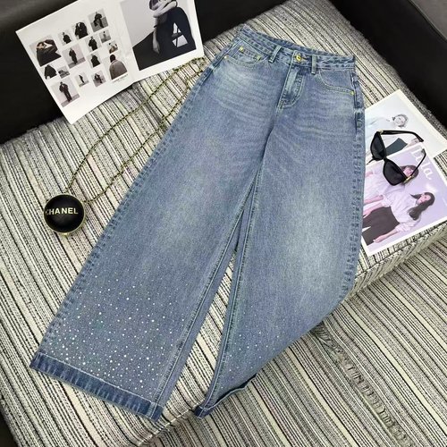 Miu Miu Recommended Rhinestone Denim Wide-Leg Pants with Letter Logo