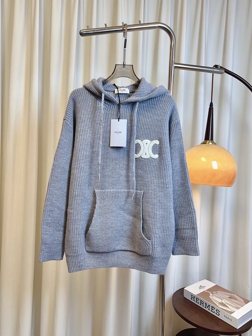 Celine Hooded Wool Sweatshirt with Towel-embroidered Logo, Comfortable and Elegant