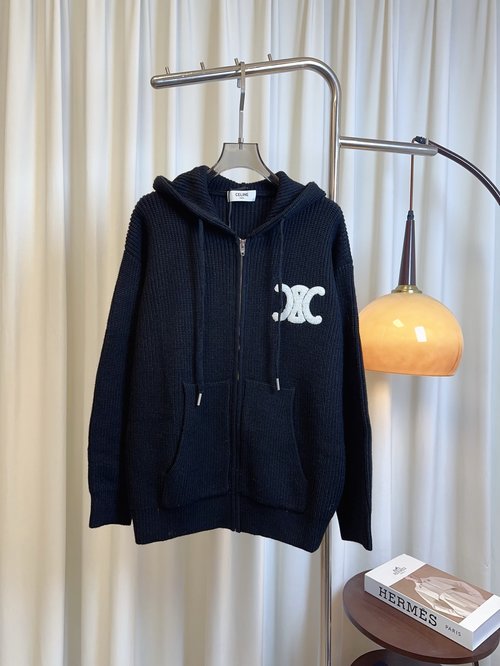 Celine Zippered Hooded Wool Top with Towel-embroidered Logo, Comfortable and Chic