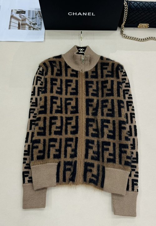 Fendi New Knit Cardigan with Double F Monogram and Collar Zip