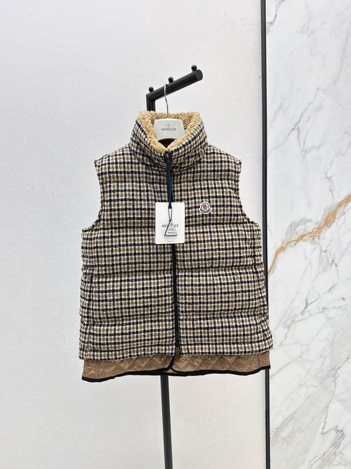 Moncler Houndstooth Turtleneck Down Vest with Lamb Wool Collar